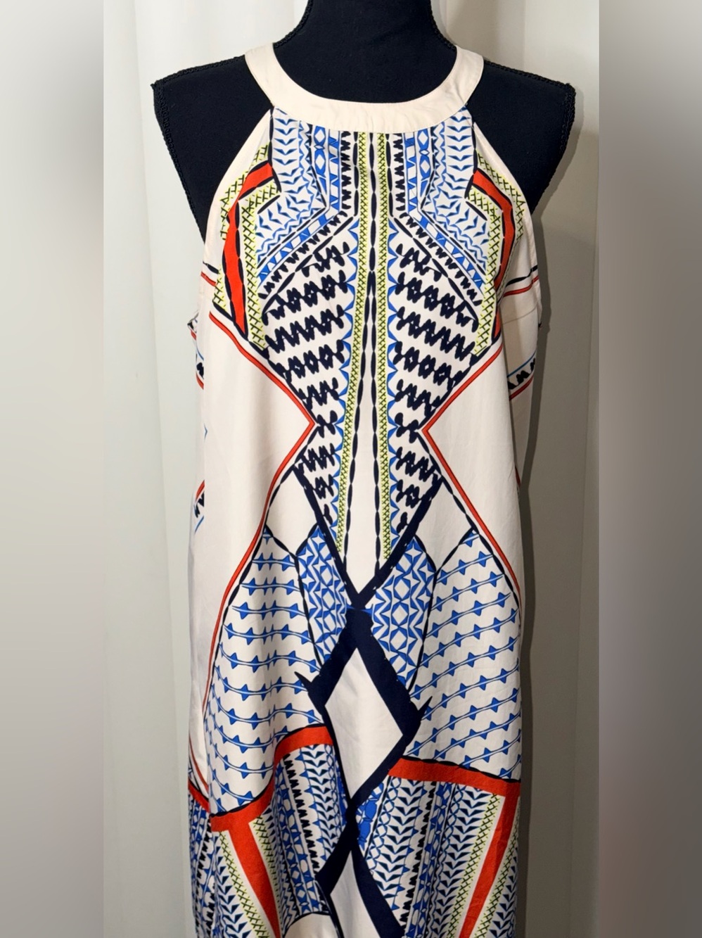 Venus Women’s Printed  Dress Cream Blue Orange Halter Short Sz L *see Picture